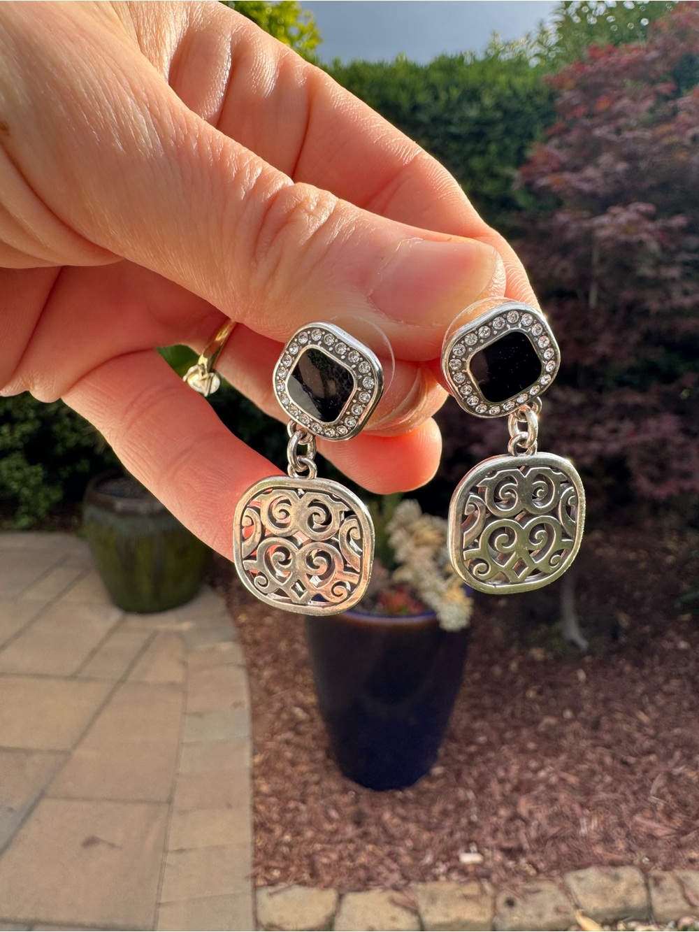 Brighton Silver-Tone Filigree Drop Earrings with Black Accents - Picture 5 of 5